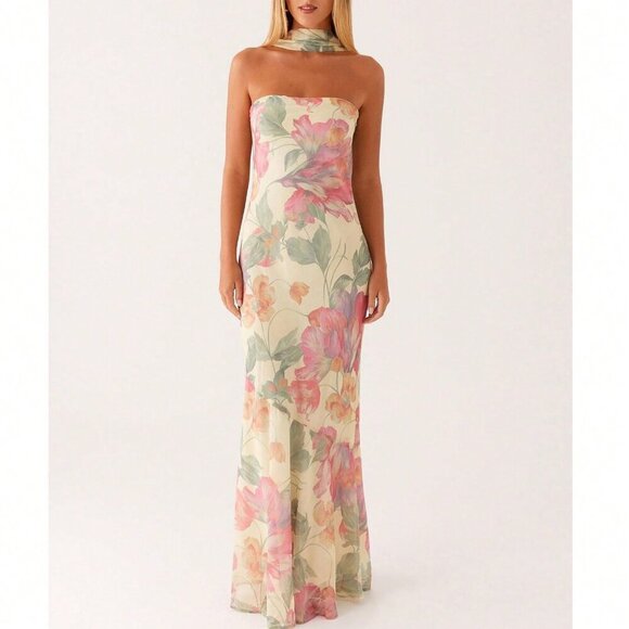 Pink Elegant Women's Floral Strapless Dress Y2k Backless Sleeveless Tube - Picture 2 of 7